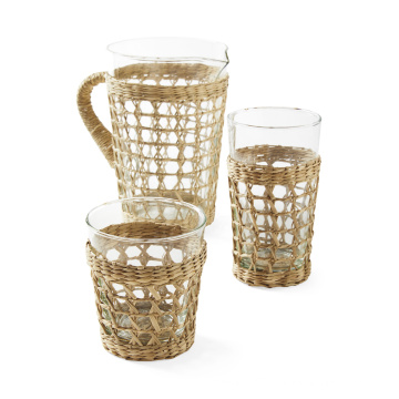 rattan wrapped glass water pitcher with cups